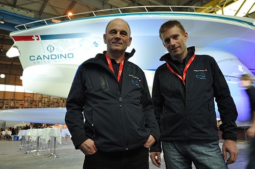 Turanor and helmsmen Raphael Domjan and Gerard D’Aboville - first man to row across the Atlantic © SW